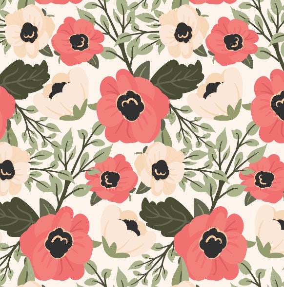 Peel and Stick Wallpaper Floral/ Coral and Cream Floral Wallpaper/ Removable Wallpaper/ Unpasted Wallpaper/ Pre-Pasted Wallpaper WW1713