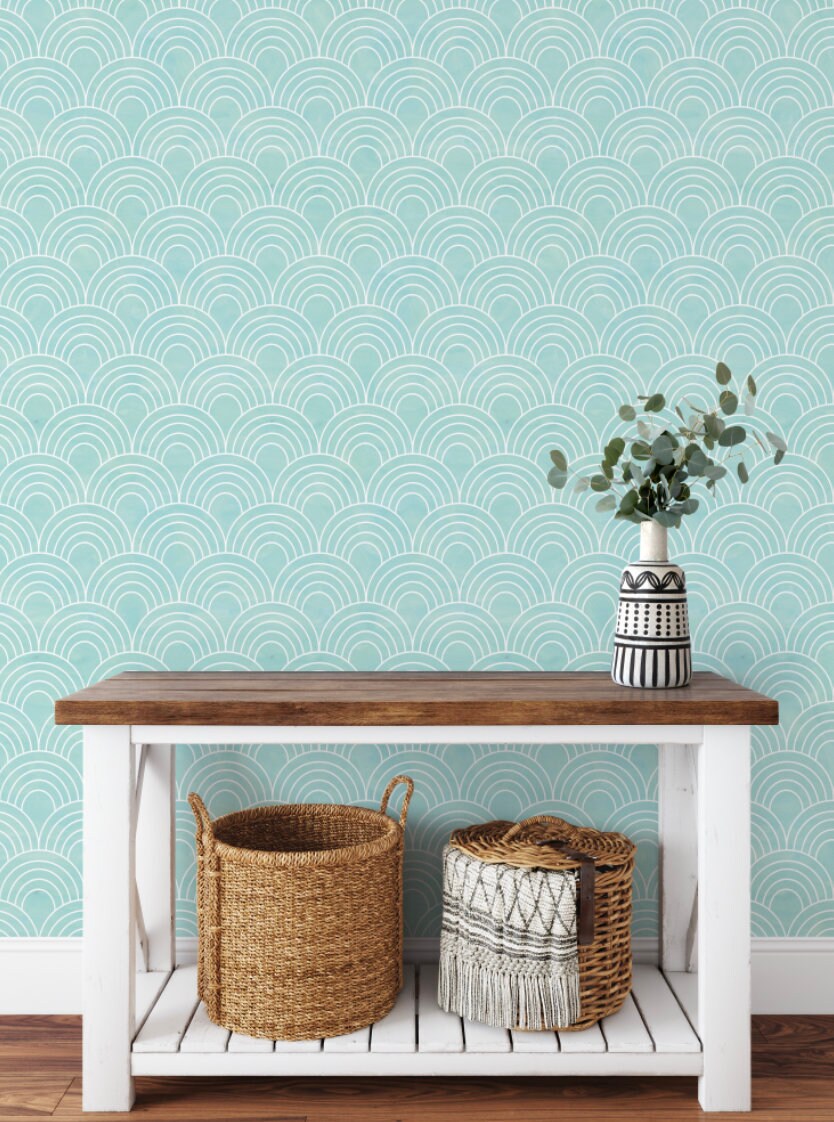 Peel and Stick Wallpaper Deco/ Teal Watercolor Arches Wallpaper/ Removable Wallpaper/ Unpasted Wallpaper/ Pre-Pasted Wallpaper WW2245