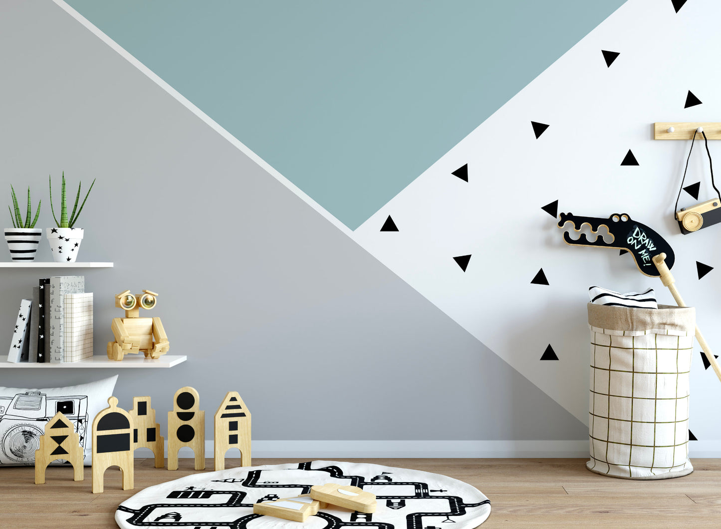 Peel and Stick Wallpaper Gray/ Color Block Teal Triangle Wall Mural/ Removable Wallpaper/ Unpasted Wallpaper/ Pre-Pasted Wallpaper WW2251