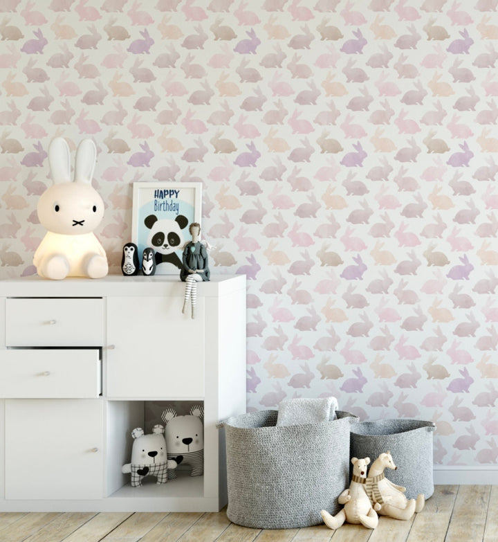 Kids Nursery Wallpaper Pink/ Pink Bunny Wallpaper/ Removable/ Peel and Stick/ Unpasted/ Pre-Pasted Wallpaper WW2258