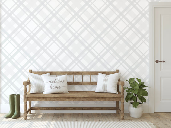 Plaid Wallpaper Gray/ Gray Diagonal Plaid Wallpaper Mural/ Removable/ Peel and Stick Wallpaper/ Unpasted/ Pre-Pasted Wallpaper WW1834