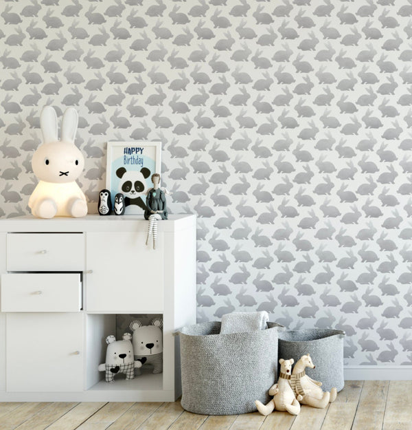 Kids Wallpaper Gray Woodland Rabbit/ Gray Watercolor Bunny Wallpaper/ Removable/ Peel and Stick/ Unpasted/ Pre-Pasted Wallpaper WW2257