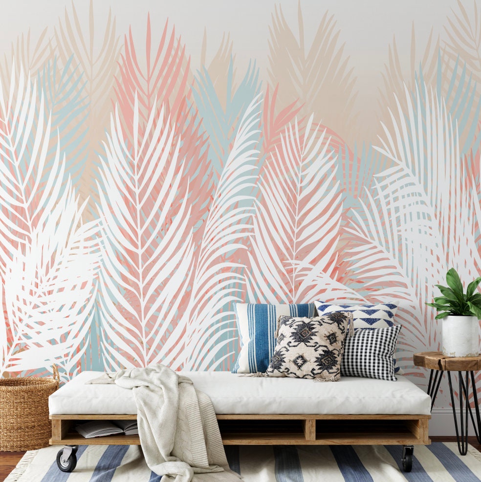 Peel and Stick Wallpaper Tropical Palm/ Cognac, Coral & Blue Palm Mural/ Removable/ Peel and Stick/ Unpasted/ Pre-Pasted Wallpaper WW2266