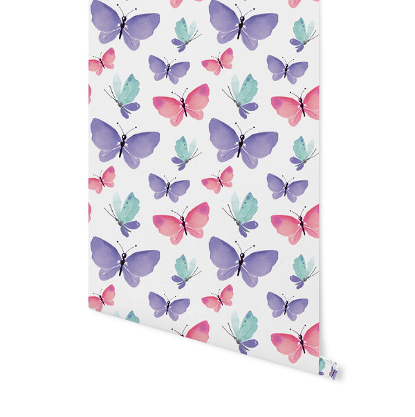 Pink, Purple & Teal Watercolor Butterflies Wallpaper / Removable/ Peel and Stick/ Unpasted/ Pre-Pasted Wallpaper WW2267