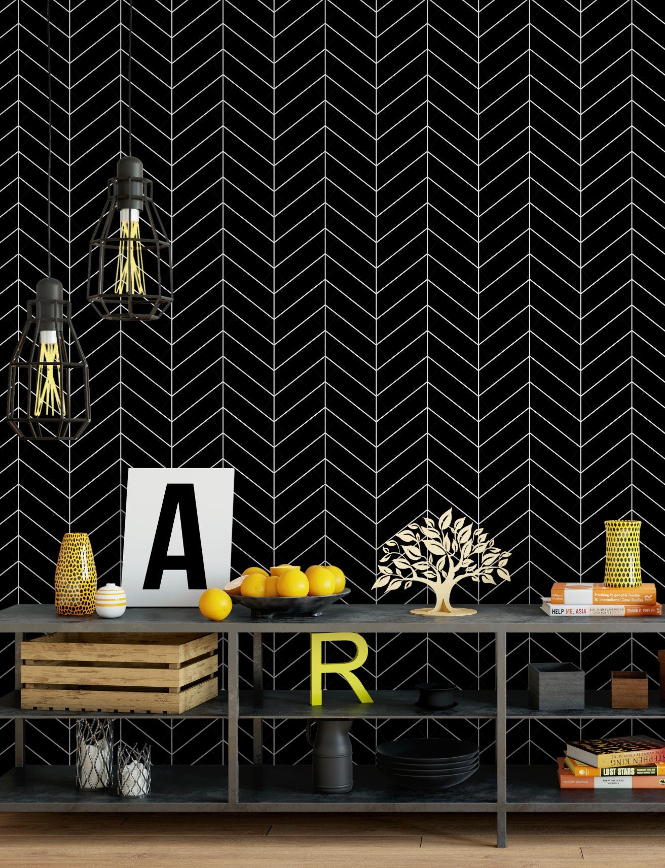 Peel and Stick Wallpaper Black and White/ Black Herringbone Chevron Wallpaper/ Removable Wallpaper/ Unpasted/ Pre-Pasted Wallpaper WW2269