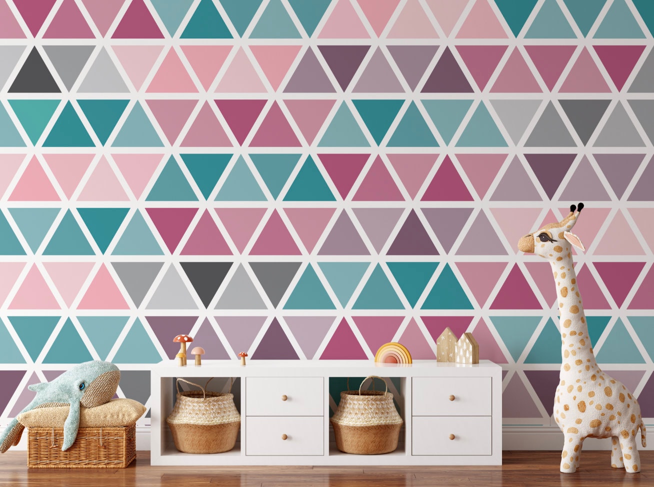 Peel and Stick Wallpaper Kids/ Pink and Teal Color Block Triangles Wallpaper Mural/ Removable/ Unpasted/ Pre-Pasted Wallpaper WW2303