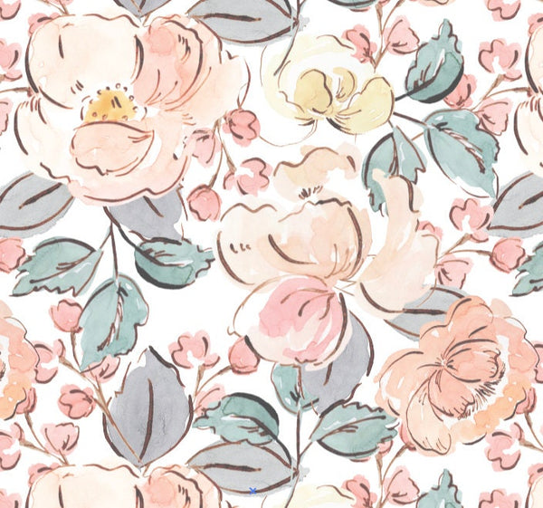 Nursery Wallpaper Pink Flowers/ Blushing Peach Hand Drawn Floral Wallpaper/ Removable Wallpaper/ Unpasted/ Pre-Pasted Wallpaper WW2315