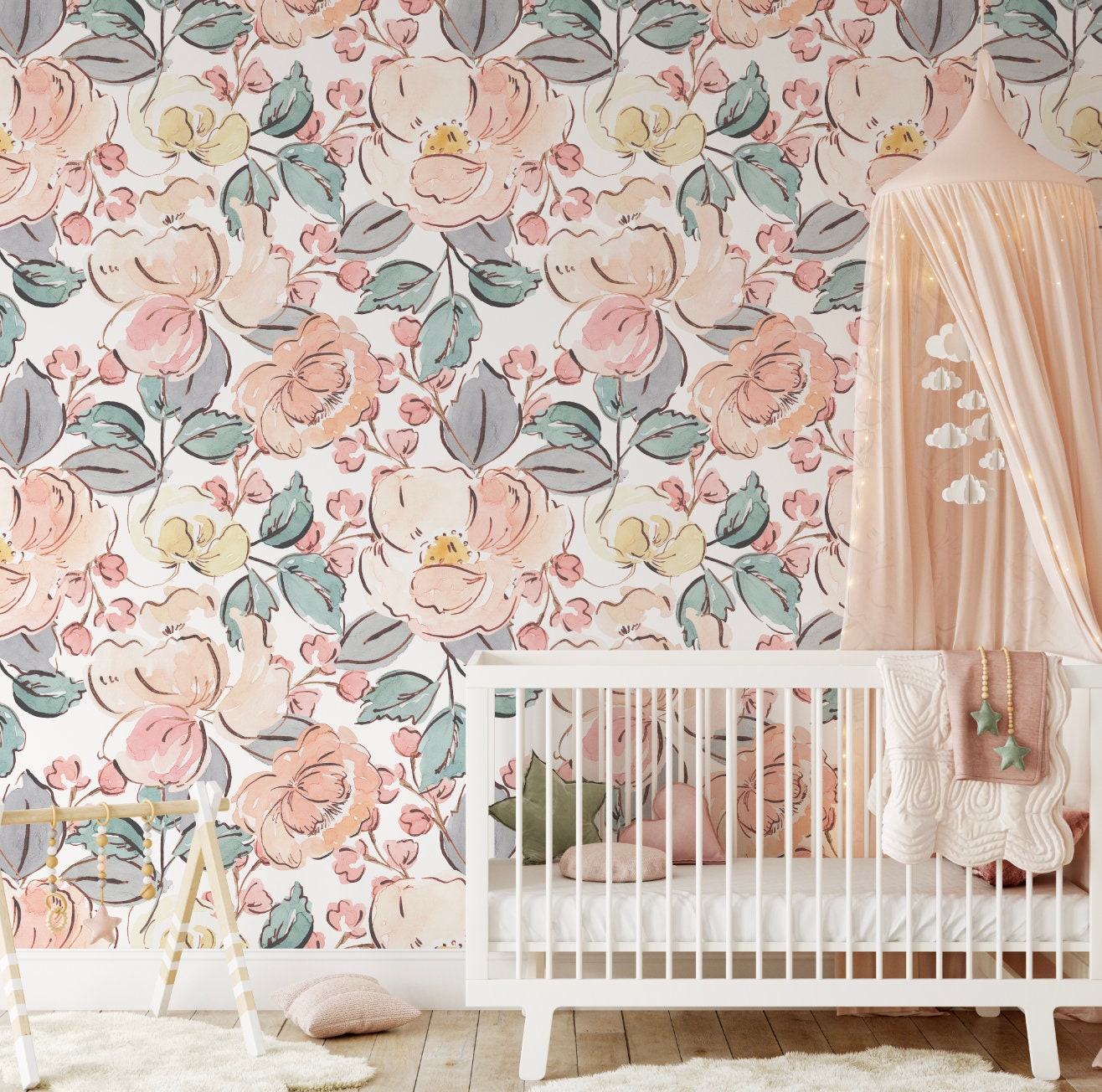 Nursery Wallpaper Pink Flowers/ Blushing Peach Hand Drawn Floral Wallpaper/ Removable Wallpaper/ Unpasted/ Pre-Pasted Wallpaper WW2315