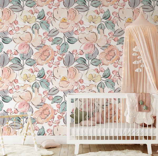 Nursery Wallpaper Pink Flowers/ Blushing Peach Hand Drawn Floral Wallpaper/ Removable Wallpaper/ Unpasted/ Pre-Pasted Wallpaper WW2315