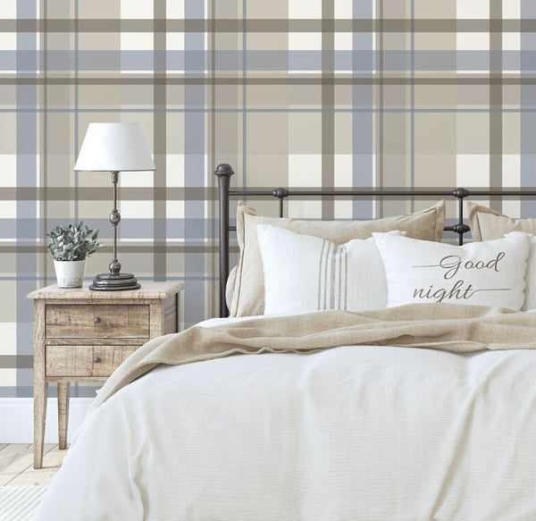 Wallpaper Plaid Brown and Blue/ Cowboy Denim Blue Plaid Wallpaper/ Removable/ Peel and Stick/ Unpasted/ Pre-Pasted Wallpaper WW2328