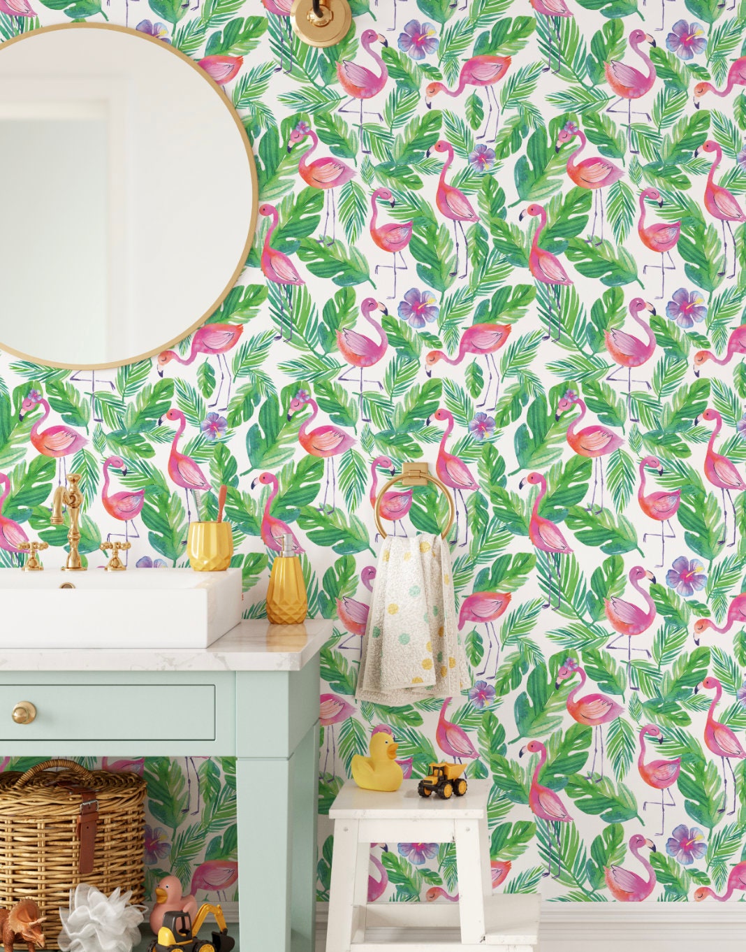 Pink Flamingos and Palm Leaves Beach Coastal Tropical Green Wallpaper/Peel and Stick/ Removable/ Unpasted/ Pre-Pasted Wallpaper WW1729