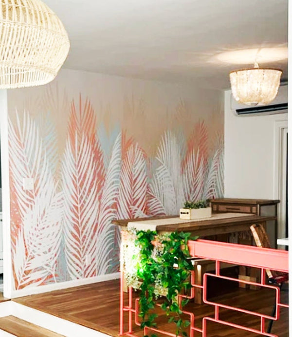 Peel and Stick Wallpaper Tropical Palm/ Cognac, Coral & Blue Palm Mural/ Removable/ Peel and Stick/ Unpasted/ Pre-Pasted Wallpaper WW2266