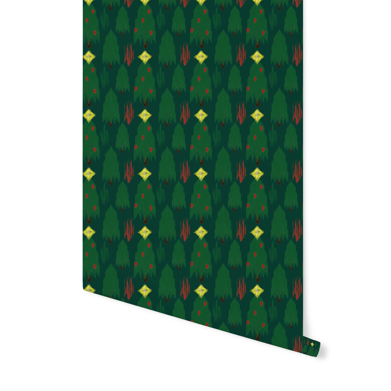 Ikat Christmas Tree Forest Holiday Festive Green Wallpaper/ Removable/ Peel and Stick/Unpasted/Pre-Pasted Wallpaper WW2404