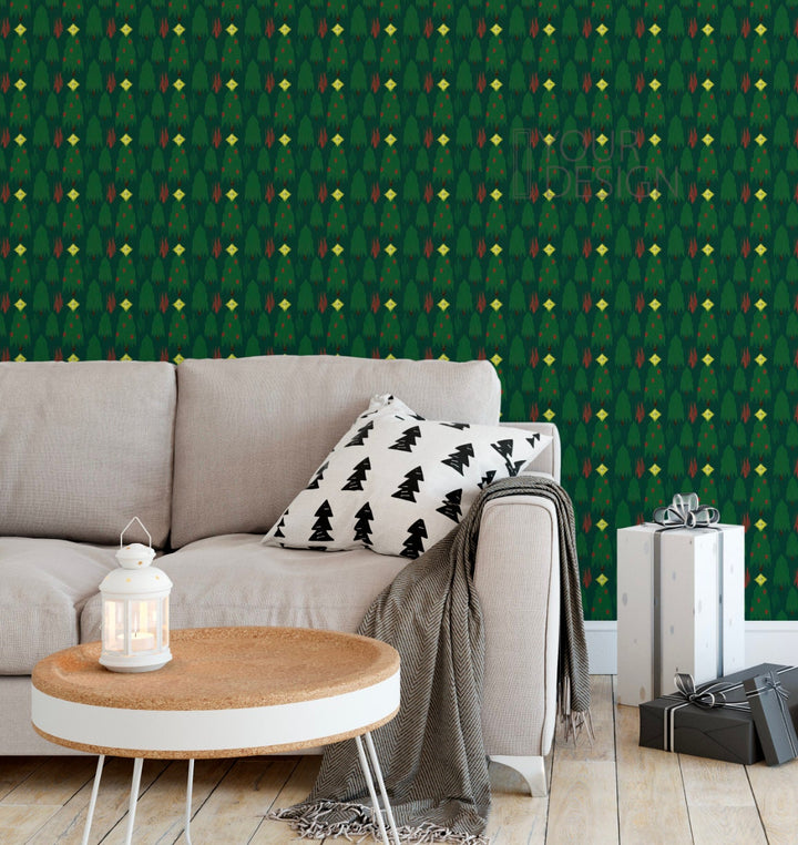 Ikat Christmas Tree Forest Holiday Festive Green Wallpaper/ Removable/ Peel and Stick/Unpasted/Pre-Pasted Wallpaper WW2404