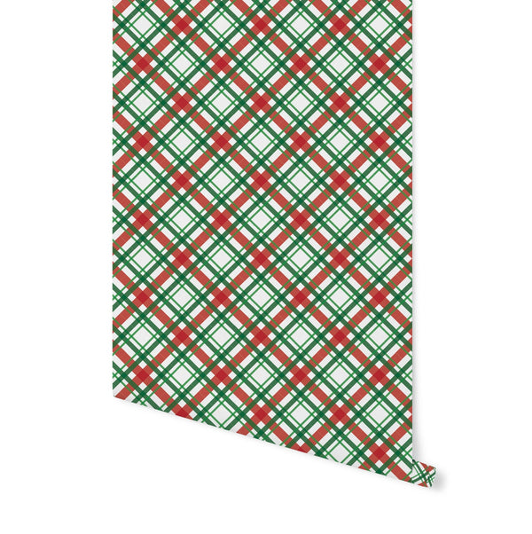 Diagonal Christmas Plaid Red and Green Wallpaper/ Removable/ Peel and Stick/ Unpasted/Pre-Pasted Wallpaper WW2405