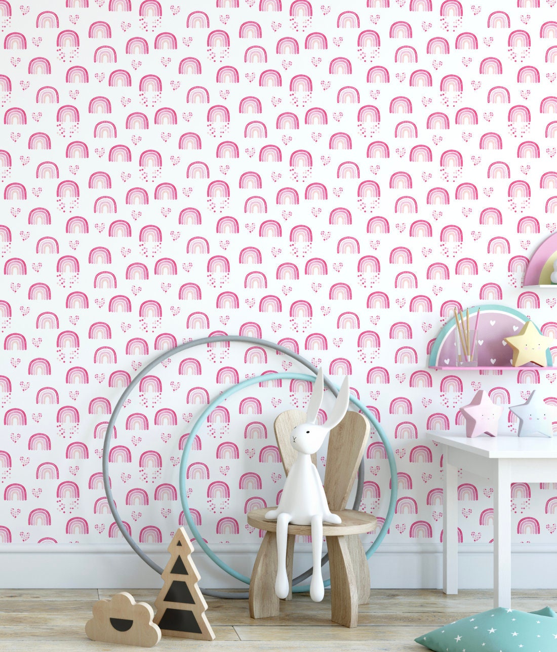 Whimsical Pink Watercolor Rainbow Wallpaper/ Removable Wallpaper/ Unpasted Wallpaper/ Pre-Pasted Wallpaper WW2154