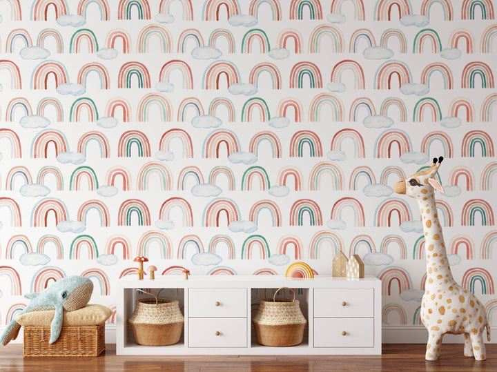 Peel and Stick Wallpaper Rainbow/ Boho Rainbow Pattern with Clouds Wallpaper/ Removable Wallpaper/ Unpasted/ Pre-Pasted WW2020