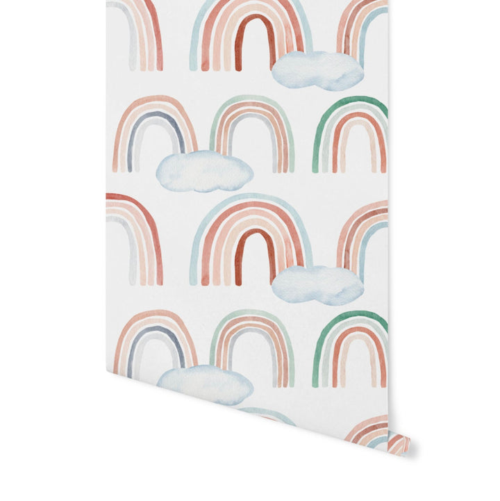 Peel and Stick Wallpaper Rainbow/ Boho Rainbow Pattern with Clouds Wallpaper/ Removable Wallpaper/ Unpasted/ Pre-Pasted WW2020