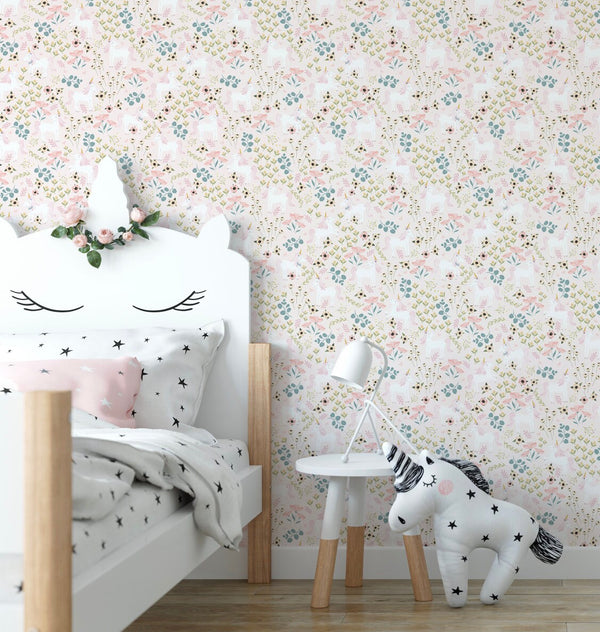 Pink Unicorn Floral Wallpaper/ Pastel Rainbow Wallpaper/ Boho Removable Wallpaper/ Peel and Stick/ Unpasted/ Pre-Pasted Wallpaper WW2322