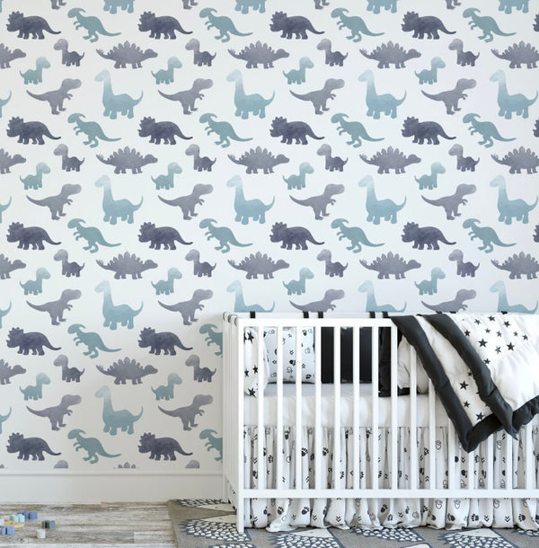 Peel and Stick Wallpaper Nursery/ Gray Watercolor Dino Wallpaper/ Removable Wallpaper/ Unpasted Wallpaper/ Pre-Pasted Wallpaper WW1810