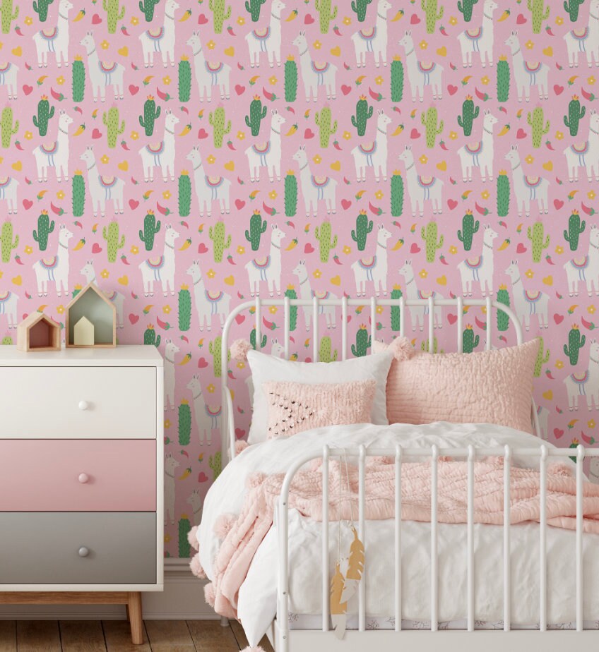 Peel and Stick Wallpaper Pink/ Llama and Cactus Pink Wallpaper/ Removable Wallpaper/ Unpasted Wallpaper/ Pre-Pasted Wallpaper WW1954