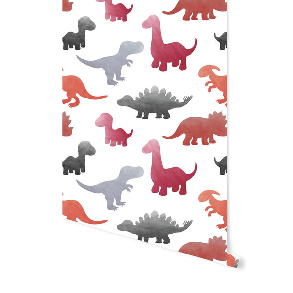 Dinosaur Wallpaper Red and Gray Watercolor Kids Wallpaper/ Removable/ Unpasted/ Pre-Pasted Wallpaper WW2272