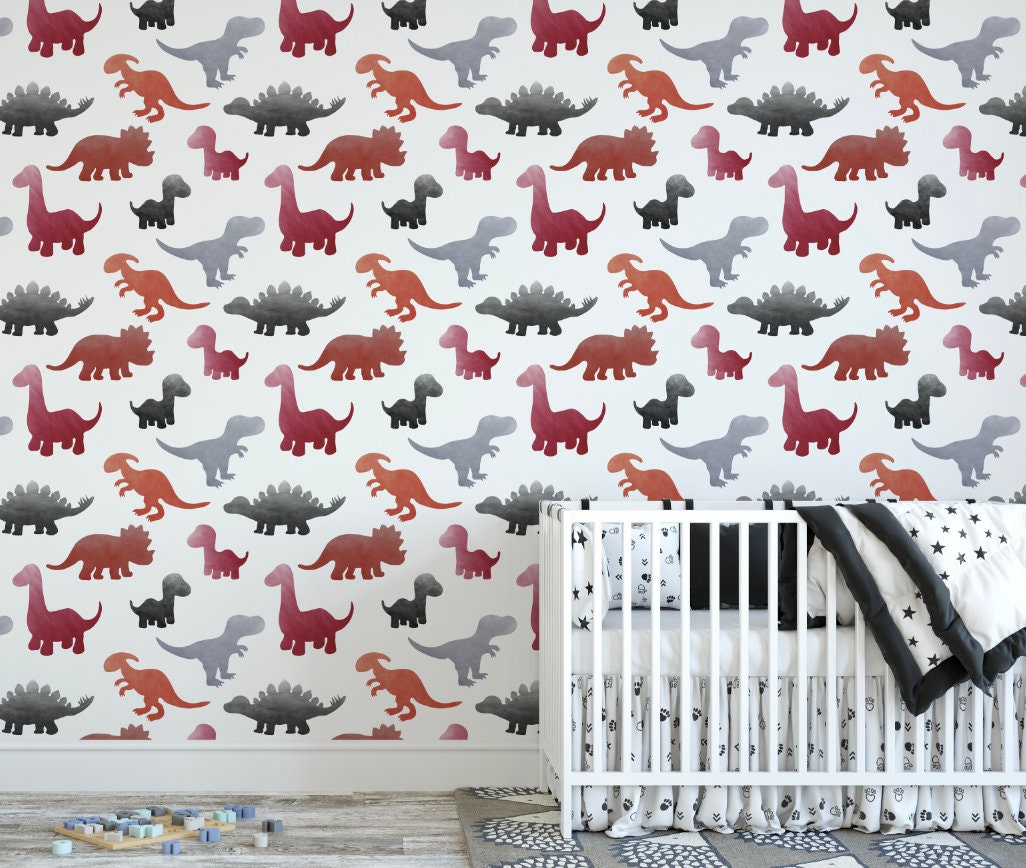 Dinosaur Wallpaper Red and Gray Watercolor Kids Wallpaper/ Removable/ Unpasted/ Pre-Pasted Wallpaper WW2272