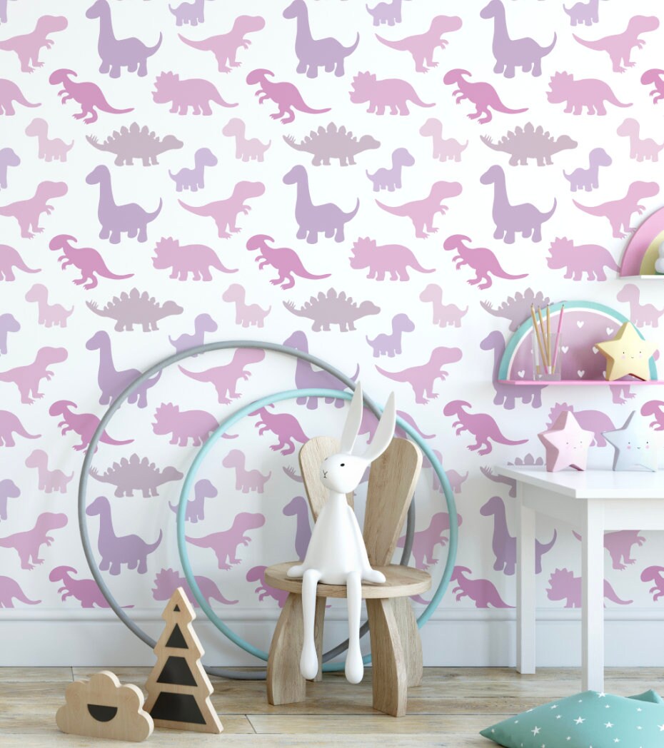 Peel and Stick Wallpaper Pink/ Pink Dino Wallpaper/ Removable/ Peel and Stick/ Unpasted/ Pre-Pasted Wallpaper WW1852