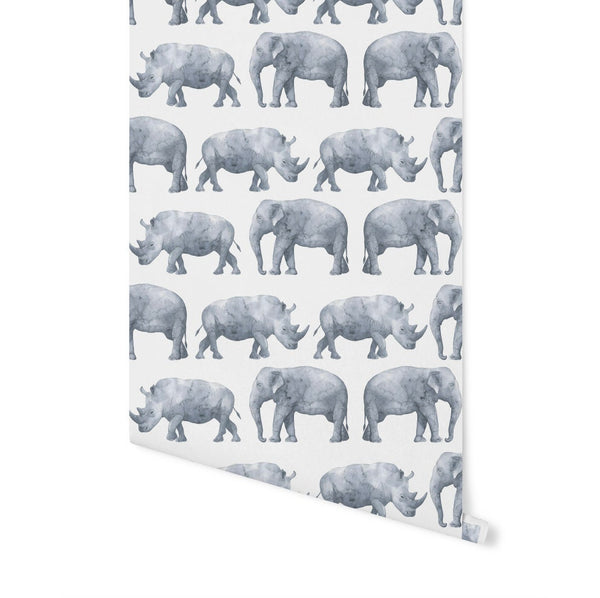 Gray Elephant and Rhino Watercolor Wallpaper/ Removable/ Peel and Stick/ Unpasted/ Pre-Pasted Wallpaper WW2273