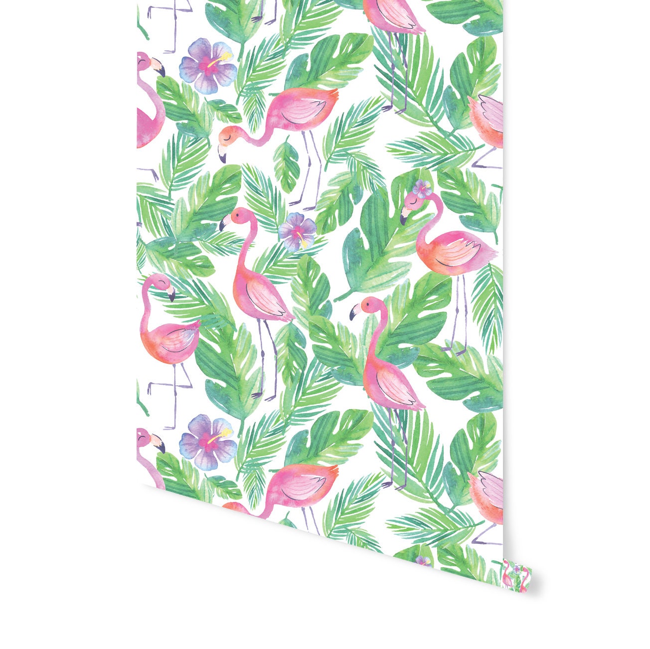 Pink Flamingos and Palm Leaves Beach Coastal Tropical Green Wallpaper/Peel and Stick/ Removable/ Unpasted/ Pre-Pasted Wallpaper WW1729