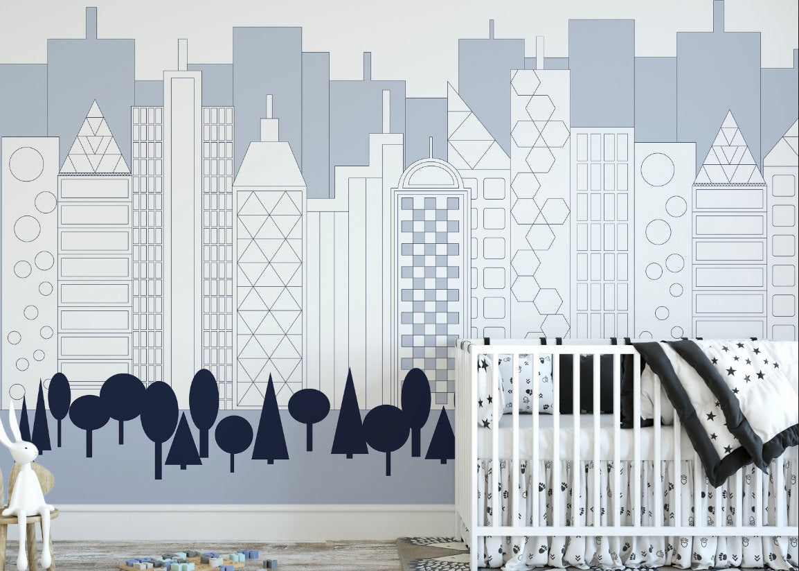 Blue City Skyline Wallpaper/ Removable Wallpaper/ Peel and Stick/ Unpasted/ Pre-Pasted Wallpaper WW1857