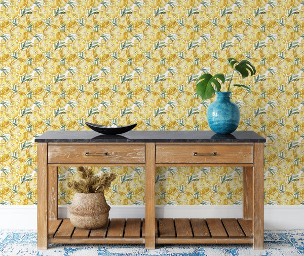 Yellow Citrus Fruit Lemon Wallpaper/ Watercolor Lemon Slices Wallpaper/ Peel and Stick Wallpaper/ Removable/ Unpasted Wallpaper WW2084