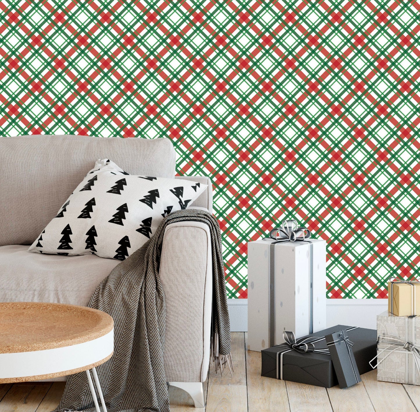 Diagonal Christmas Plaid Red and Green Wallpaper/ Removable/ Peel and Stick/ Unpasted/Pre-Pasted Wallpaper WW2405