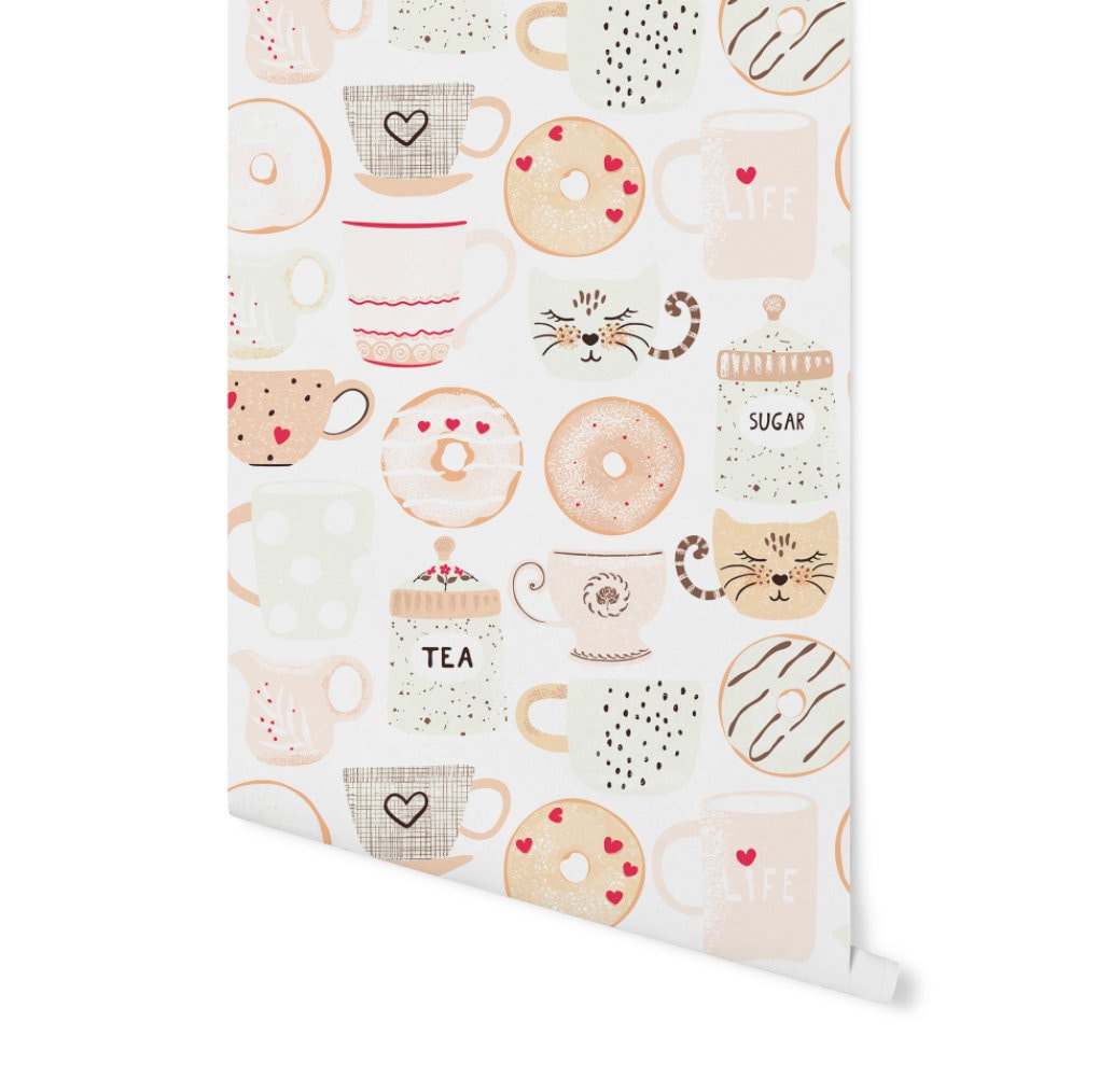 Whimsical Cup of Tea Wallpaper/ Removable Wallpaper/ Peel and Stick Wallpaper/ Unpasted Wallpaper/ Pre-Pasted Wallpaper WW2141