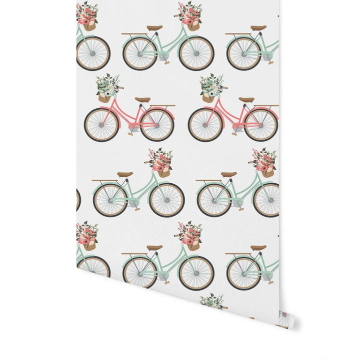 Vintage Coral and Mint Bicycles Wallpaper/ Removable Wallpaper/ Peel and Stick Wallpaper/ Unpasted Wallpaper/ Pre-Pasted Wallpaper WW1857