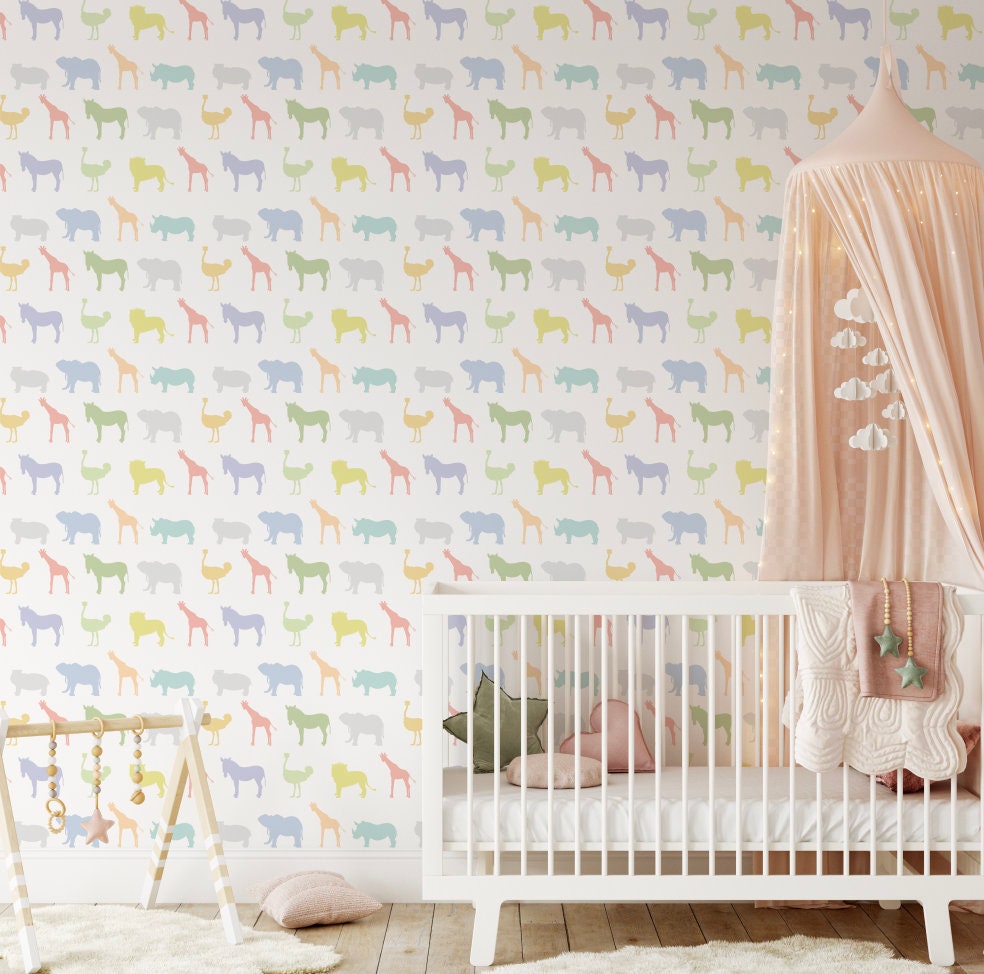 Pastel Safari Animals Wallpaper/ Removable Wallpaper/ Peel and Stick Wallpaper/ Unpasted Wallpaper/ Pre-Pasted Wallpaper WW1858