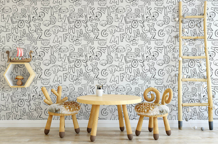 Alphabet Black and White Wallpaper/ Nursery Playroom kids Removable Wallpaper/ Peel and Stick/ Unpasted/ Pre-Pasted Wallpaper WW1859