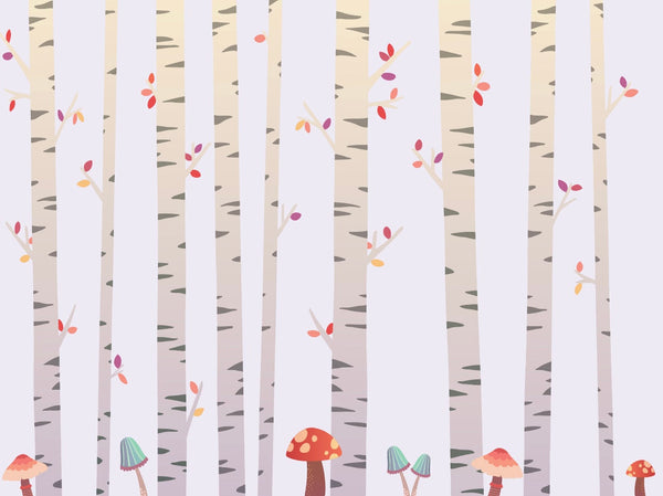 Kids Woodland Wallpaper Pink/ Fanciful Forest with Birch Trees & Mushrooms Wallpaper/ Removable/ Peel and Stick/ Unpasted/ Pre-Pasted WW1806