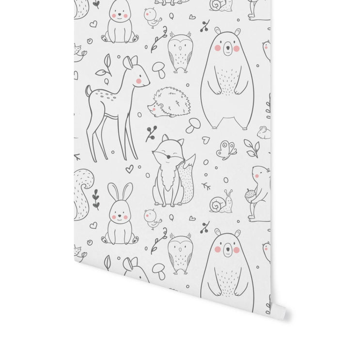 Peel and Stick Wallpaper Kids/ Black & White Woodland Creatures Wallpaper/ Removable Wallpaper/ Unpasted Wallpaper/ Wallpaper WW1934