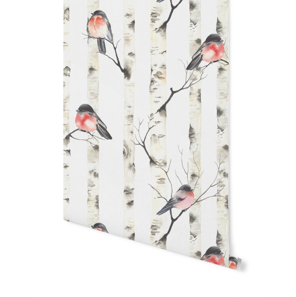 Wallpaper Gray Red/ Watercolor Birch Trees & Birds Wallpaper/ Removable/ Peel and Stick/ Unpasted/ Pre-Pasted Wallpaper WW2152