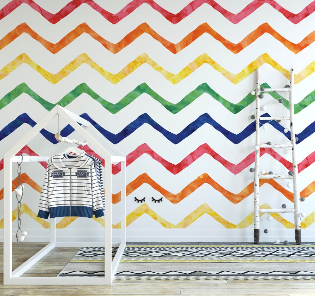 Peel and Stick Wallpaper Kids/ Watercolor Rainbow Chevron Wallpaper/ Removable Wallpaper/ Unpasted Wallpaper/ Pre-Pasted Wallpaper WW1740