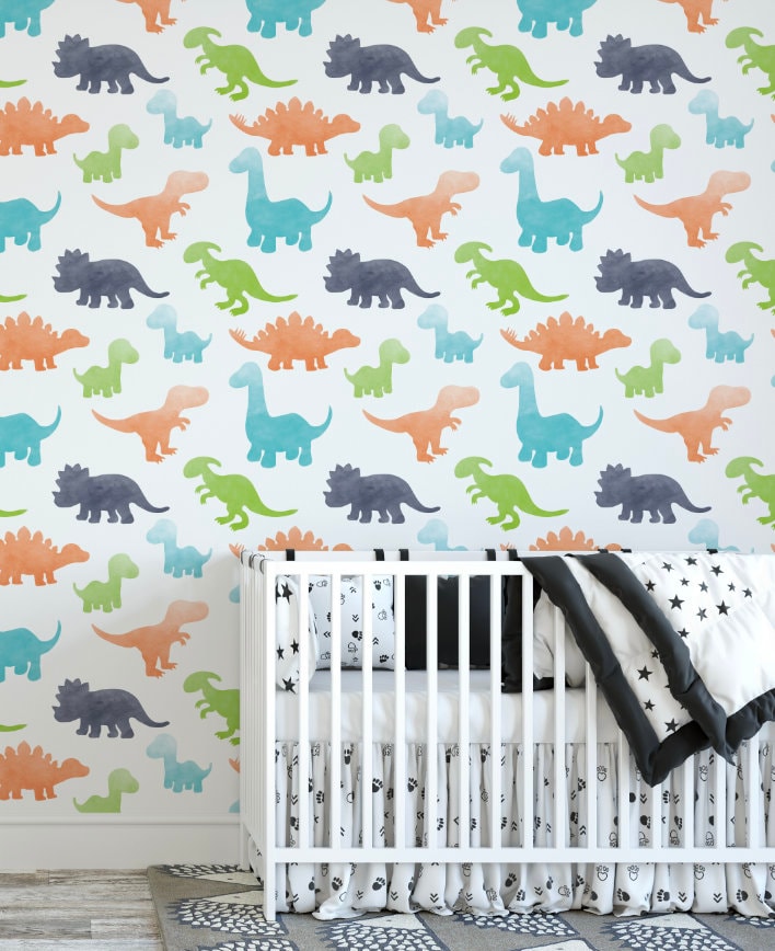 Peel and Stick Wallpaper Nursery/ Green and Gray Watercolor Dino Wallpaper/ Removable Wallpaper/ Unpasted Wallpaper/ Wallpaper WW2073