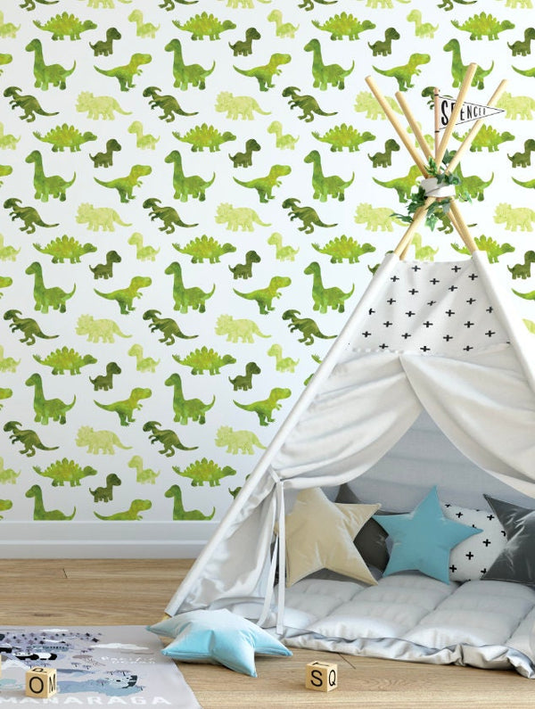 Peel and Stick Wallpaper Green/ Watercolor Green Dino Wallpaper/ Removable Wallpaper/ Unpasted Wallpaper/ Pre-Pasted Wallpaper WW2121