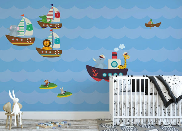 Peel and Stick Wallpaper Nursery/ Boats & Animals Wallpaper/ Removable Wallpaper/ Unpasted Wallpaper/ Pre-Pasted Wallpaper WW1741