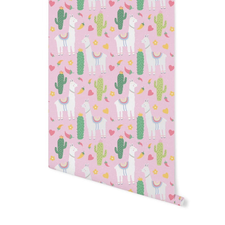 Peel and Stick Wallpaper Pink/ Llama and Cactus Pink Wallpaper/ Removable Wallpaper/ Unpasted Wallpaper/ Pre-Pasted Wallpaper WW1954