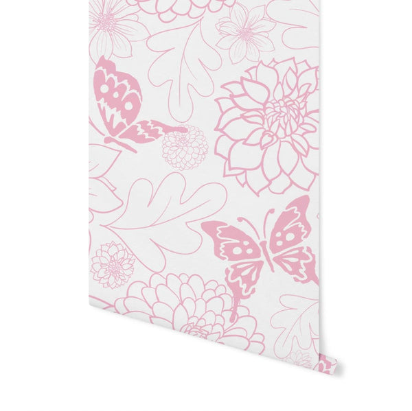 Peel and Stick Wallpaper Pink/ Pink Butterfly Dahlias Wallpaper/ Removable Wallpaper/ Unpasted Wallpaper/ Pre-Pasted Wallpaper WW1724