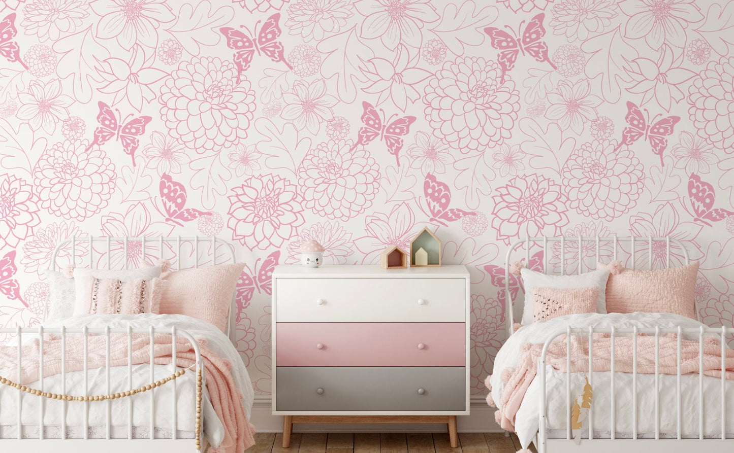 Peel and Stick Wallpaper Pink/ Pink Butterfly Dahlias Wallpaper/ Removable Wallpaper/ Unpasted Wallpaper/ Pre-Pasted Wallpaper WW1724