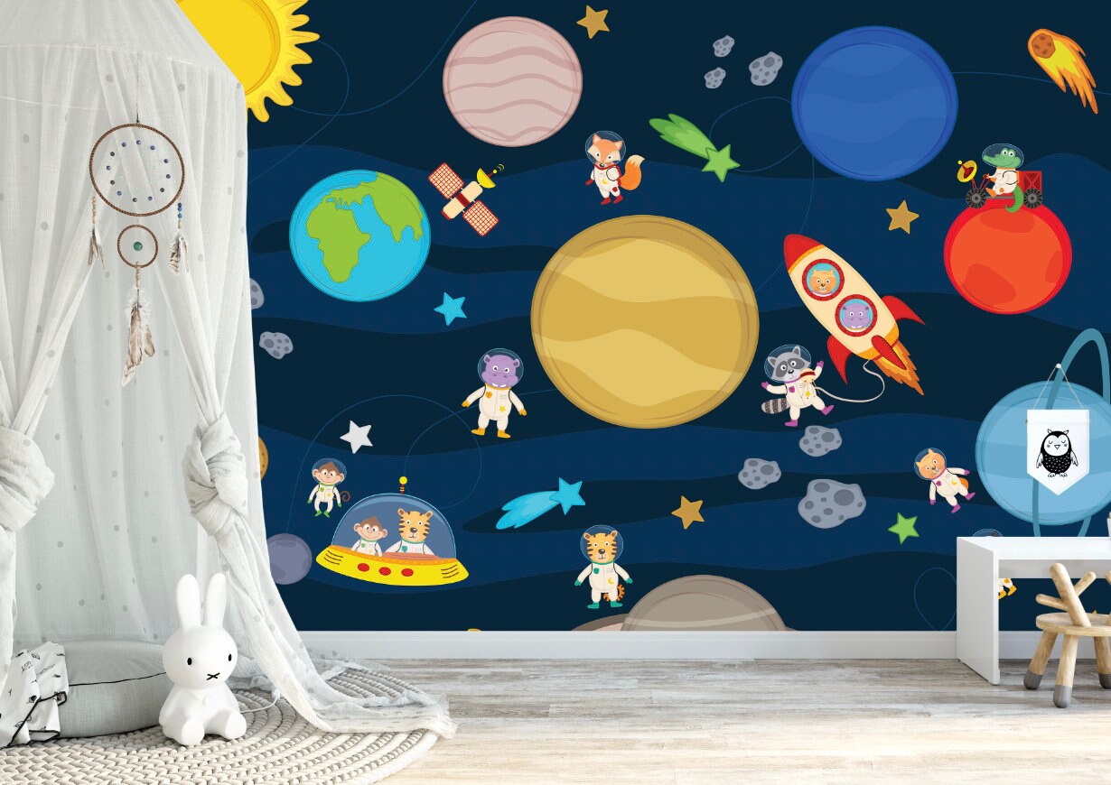 Peel and Stick Wallpaper Nursery/ Animals in Space Mural Removable Wallpaper/ Self-Adhesive Reusable Wall Mural WW1826