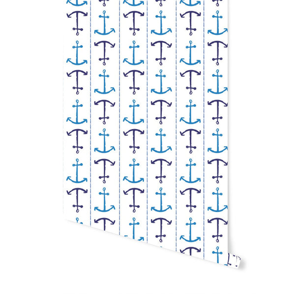 Nautical Anchor Stripes Blue Watercolor Wallpaper/ Removable/ Unpasted/ Pre-Pasted Wallpaper WW1955