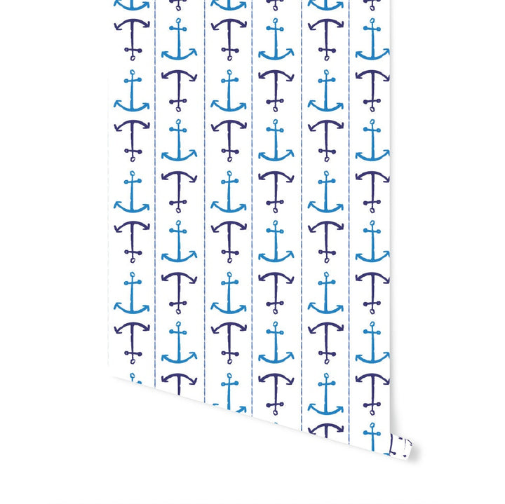 Nautical Anchor Stripes Blue Watercolor Wallpaper/ Removable/ Unpasted/ Pre-Pasted Wallpaper WW1955